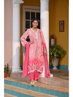 Mahee Jaipur - Womens Muslin Floral Pink Kurta with Salwar Pant and Dupatta