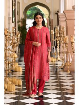 Mahee Jaipur - Womens Muslin Printed Red Kurta with Pant and Dupatta