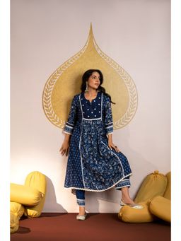 Mahee Jaipur - Womens Muslin Floral Blue Anarkali Kurta with Pant