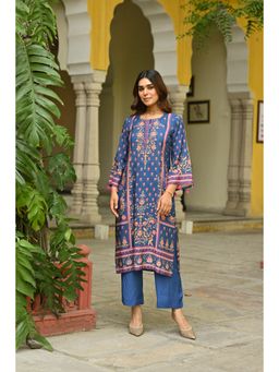 Mahee Jaipur - Womens Muslin Printed Blue Kurta with Pant and Dupatta