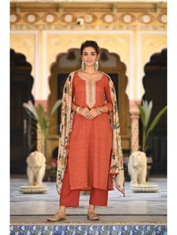 Mahee Jaipur - Womens Cotton Printed Rust Kurta with Pant and Dupatta