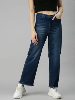 SHOWOFF - Womens Wide Leg Clean Look Navy Blue Jeans