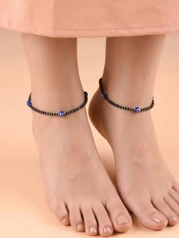 925 SILLER - Pure Silver Blue Evil Eye Black Crystal Beaded Anklet Pair