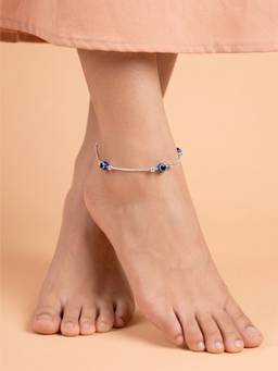 925 SILLER - Pure Silver Blue Evil Eye Station Silver Snake Chain Anklet