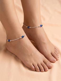 925 SILLER - Pure Silver Blue Evil Eye Station Silver Snake Chain Anklet