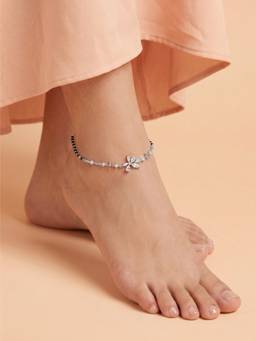 925 SILLER - Pure Silver Floral CZ Centrepiece Black Bead Silver Anklet