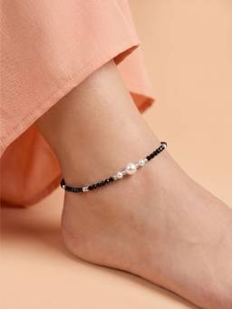 925 SILLER - Pure Silver Pearl Centrepiece Black Crystal Beaded Silver Anklet