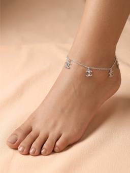 925 SILLER - Pure Silver Interlocking C Logo Charm Silver Link Anklet