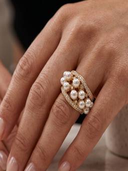 AQUASTREET - Zircon and Pearl 18K Gold Plated Waterproof Anti-Tarnish Statement Ring,