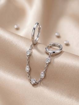 AQUASTREET - Silver Plated Anti-Tarnish Dual Huggie Zircon Ear Chain Earrings For Single Ear