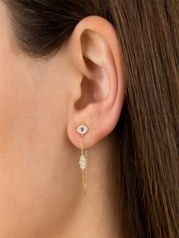 AQUASTREET - 18K Gold Plated Anti-Tarnish Zircon Evil Eye and Hamsa Hand Ear Chain Earrings