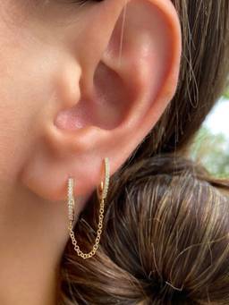 AQUASTREET - 18K Plated Anti-Tarnish Dual Zircon Huggie Ear Chain Earrings For Single Ear