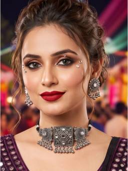 NUI - Silver Oxidized Silver Choker Jewellery Set For Women