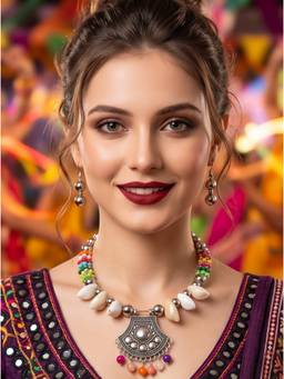 NUI - Multi-Colour Oxidized Silver Choker Jewellery Set For Women