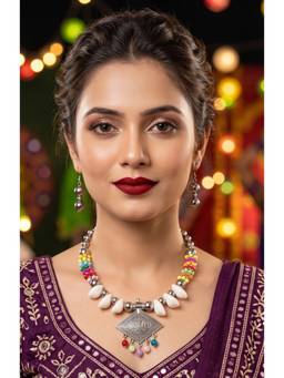 NUI - Multi-Colour Oxidized Silver Choker Jewellery Set For Women