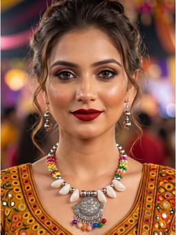 NUI - Multi-Colour Oxidized Silver Choker Jewellery Set For Women