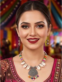 NUI - Multi-Colour Oxidized Silver Choker Jewellery Set For Women