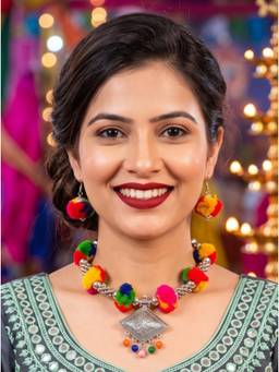 NUI - Multi-Colour Oxidized Silver Choker Jewellery Set For Women