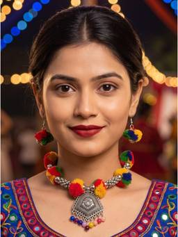 NUI - Multi-Colour Oxidized Silver Choker Jewellery Set For Women