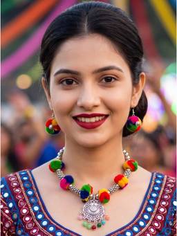 NUI - Multi-Colour Oxidized Silver Choker Jewellery Set For Women