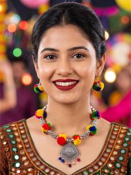 NUI - Multi-Colour Oxidized Silver Choker Jewellery Set For Women