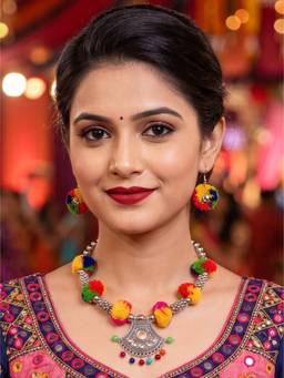 NUI - Multi-Colour Oxidized Silver Choker Jewellery Set For Women