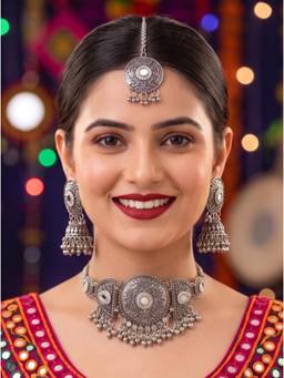 NUI - Silver Oxidized Silver Choker Jewellery Set For Women