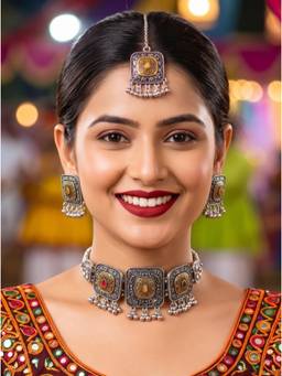 NUI - Silver Oxidized Silver Choker Jewellery Set For Women