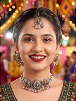 NUI - Silver Oxidized Silver Choker Jewellery Set For Women