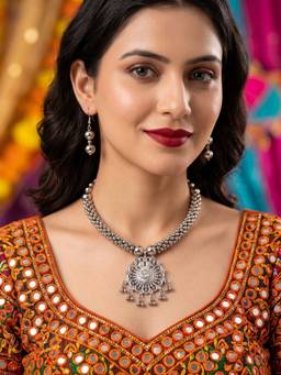 NUI - Silver Oxidized Silver Choker Jewellery Set For Women