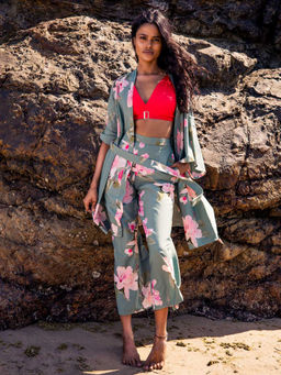 AOBA - Women Green Floral Printed Robe & Palazzo Beachwear (Set of 2)