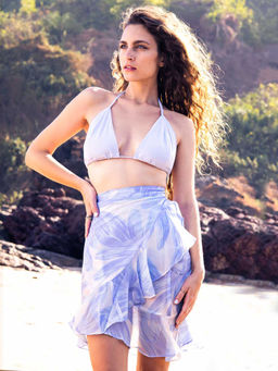 AOBA - Womens Blue Printed Wraparound Beachwear Skirt