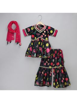 The Little Tales - Black Print Multicolor Kurta And Sharara With Dupatta (Set of 3)
