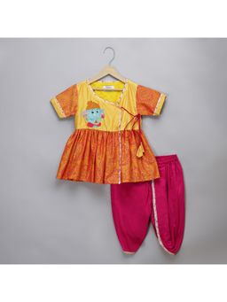 The Little Tales - Ganpati Embroidered Orange Yellow Dhoti With Kurta (Set of 2)
