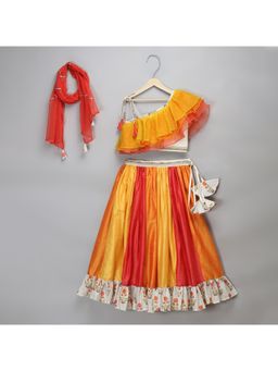 The Little Tales - Orange Yellow Frill Lehenga And Blouse With Dupatta (Set of 3)