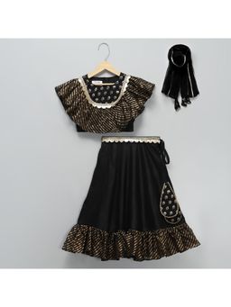 The Little Tales - Black Chanderi Frill Lehenga And Blouse With Dupatta (Set of 3)
