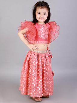 The Little Tales - Coral Pink Ruffled Blouse with Cotton Zari Lehenga (Set of 2)