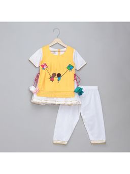 The Little Tales - Kite Embroidered Yellow White Kurta with Pant (Set of 2)