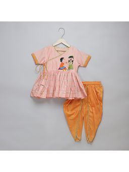 The Little Tales - Brother Sister Peach Embroidered Dhoti With Kurta (Set of 2)
