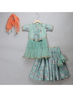 The Little Tales - Green Bird Printed Peplum Lehenga And Kurta With Dupatta (Set of 3)