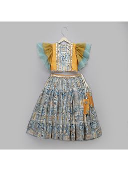 The Little Tales - Orange Parrot Printed Lehenga And Blouse (Set of 2)