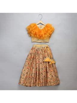 The Little Tales - Golden Orange Frill Printed Lehenga And Blouse (Set of 2)