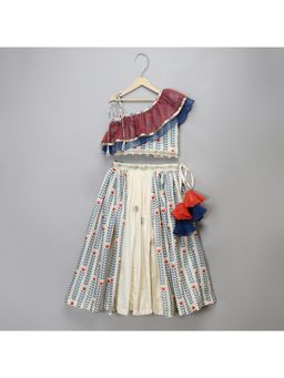The Little Tales - Off White Printed One Shoulder Ruffled Blouse Lehenga (Set of 2)