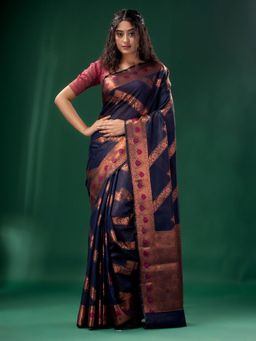 CHARUKRITI - Navy Blue Cotton Silk Saree with Woven Design with Unstitched Blouse