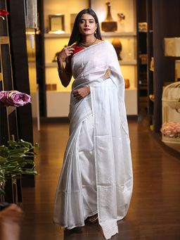 Beatitude - White Handwoven Solid Linen Saree Silver Zari Border with Unstitched Blouse