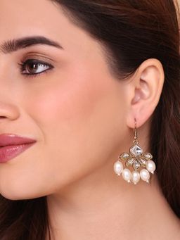 Fida - White Ethnic Kundan & Pearl Golden Dangler Earrings