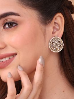 Fida - White Intricate Circular Kundan Stud Earrings with Pearl Border