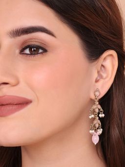 Fida - Intricate Rose Pink Quartz & Pearl Tiered Drop Earrings