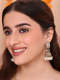 Fida - Gold White Floral Pearl & Black Stone Jhumka Earrings