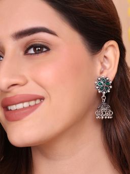 Fida - Silver Green And Pearl Jhumka Earrings